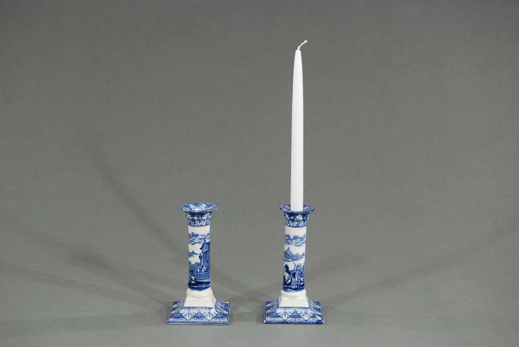 Pair of Cauldon Porcelain Candlesticks Blue & White Transfer 2