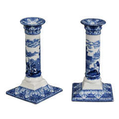 Pair of Cauldon Porcelain Candlesticks Blue & White Transfer