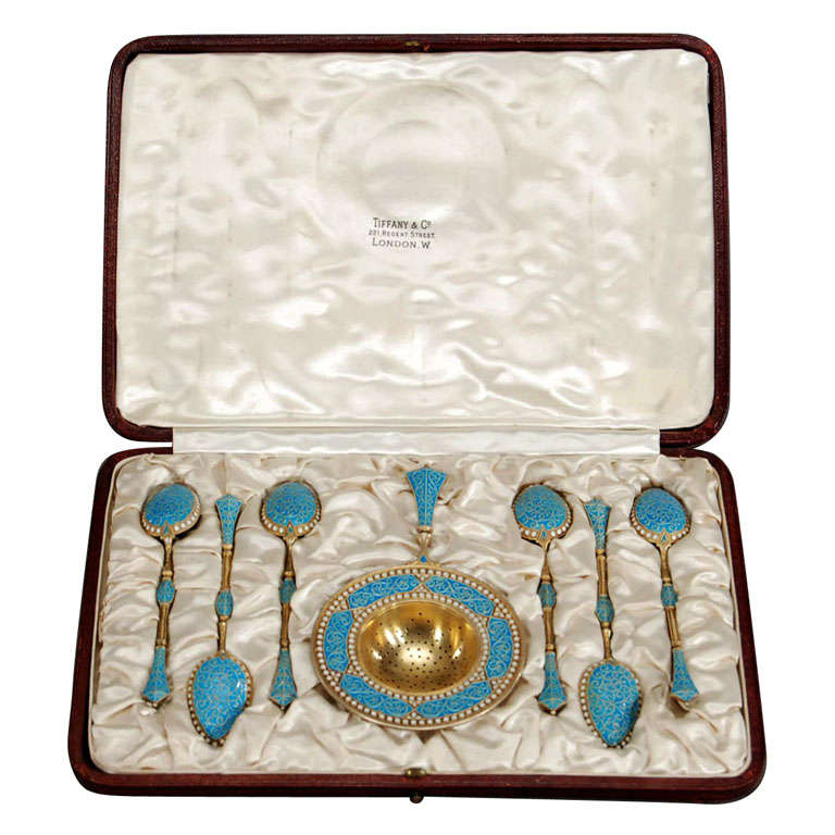 Tiffany Sterling Silver Enameled Tea Stainer & Spoons-Orig. Box