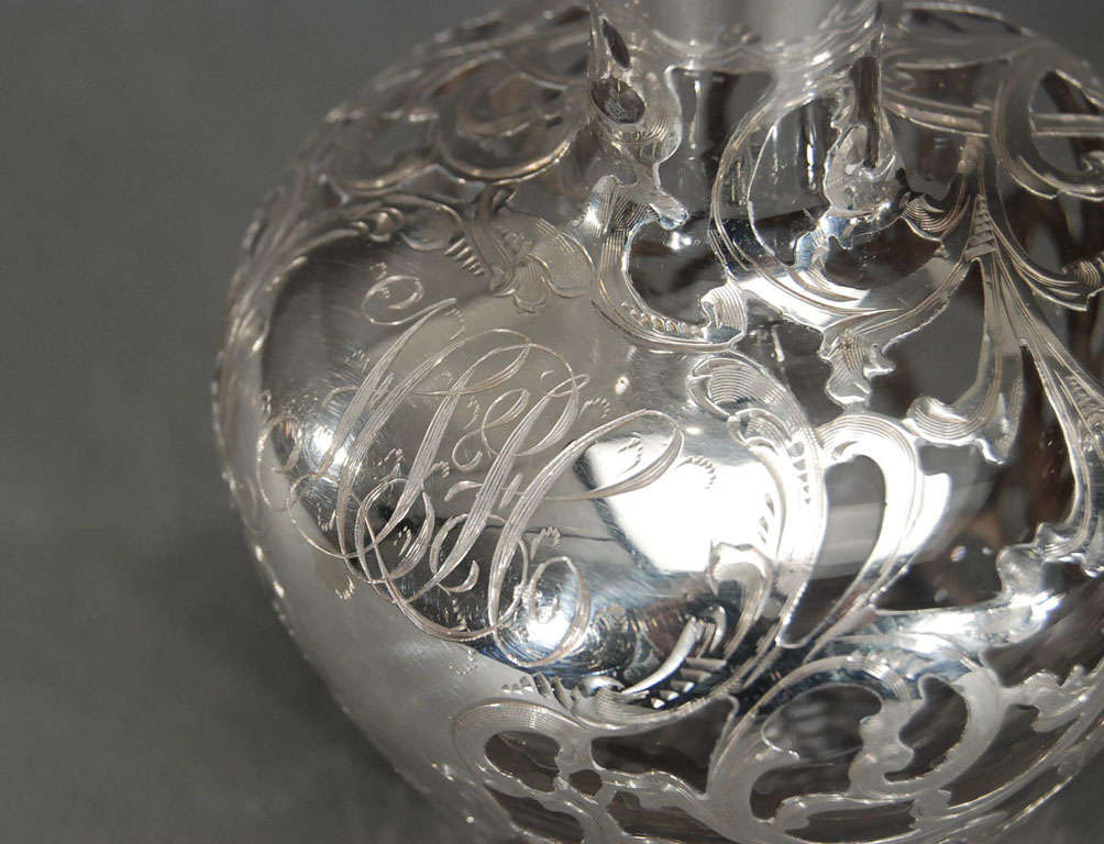American Pair Crystal Sterling Silver Overlay Perfume Bottles Art Nouveau