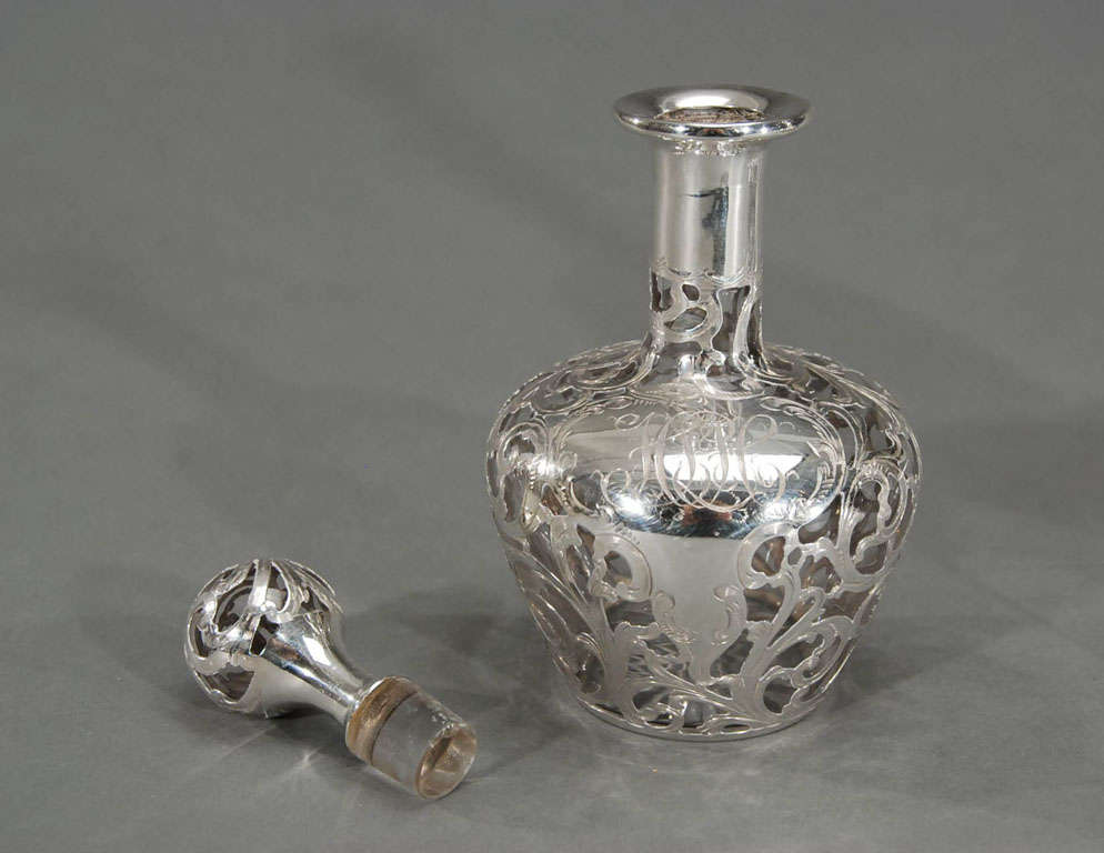 Pair Crystal Sterling Silver Overlay Perfume Bottles Art Nouveau In Excellent Condition In Great Barrington, MA