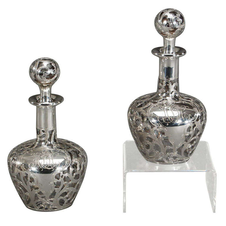 Pair Crystal Sterling Silver Overlay Perfume Bottles Art Nouveau