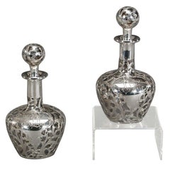 Antique Pair Crystal Sterling Silver Overlay Perfume Bottles Art Nouveau