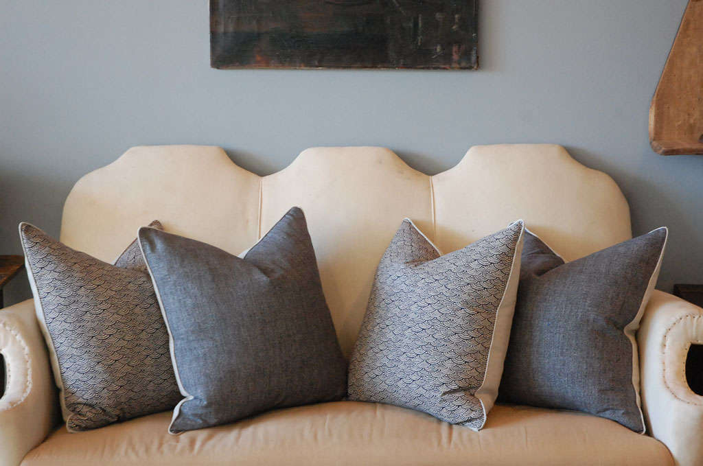 japanese printed indigo fabric pillows with belgian linen back with feather & down inserts.