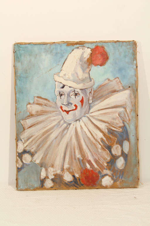 Beautifully executed clown painting in light blues, red and white.