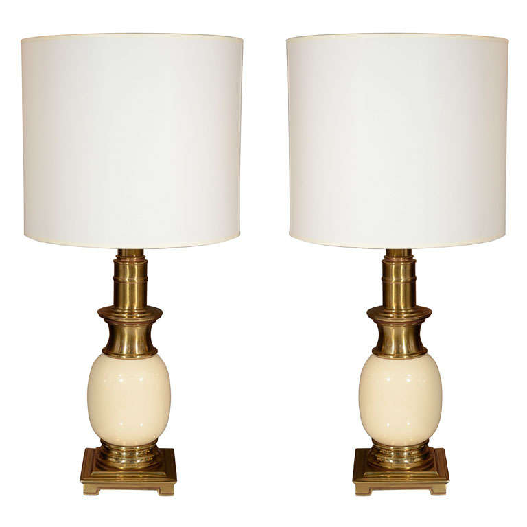 Pair of Stiffel "Ostrich Egg" Brass & Ceramic Table Lamps