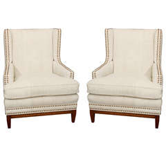 handsome pair linen and nailhead chairs