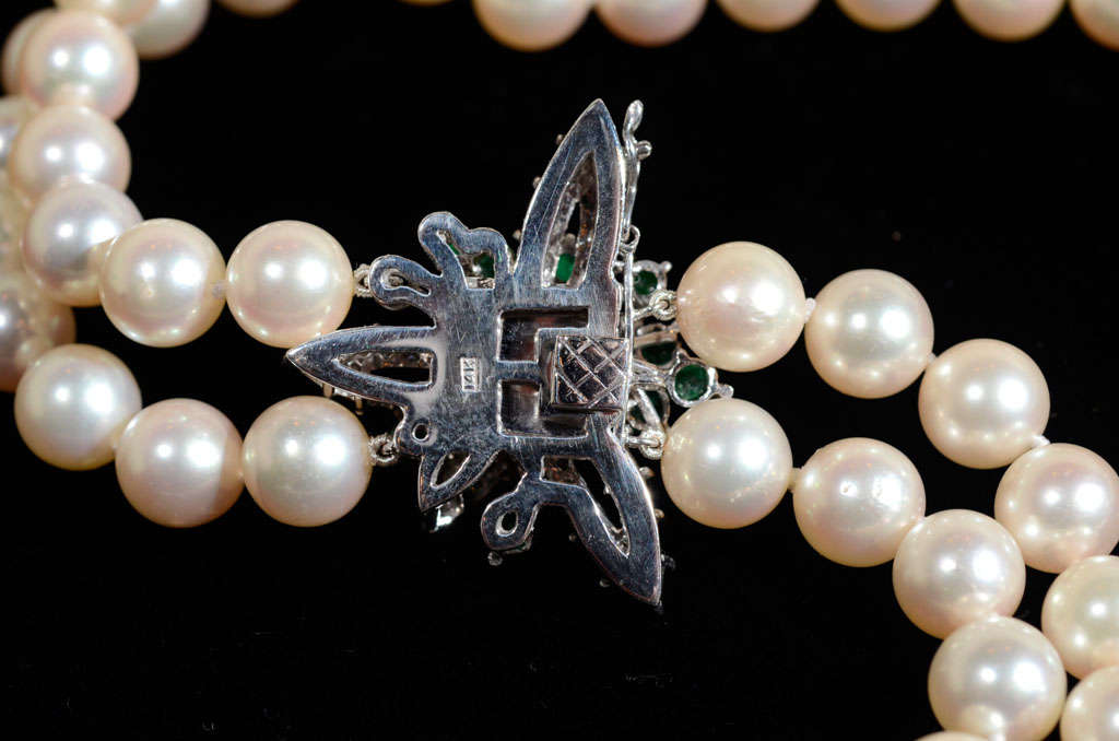 Women's Double Pearl Strand Emerald Diamond Gold Clasp