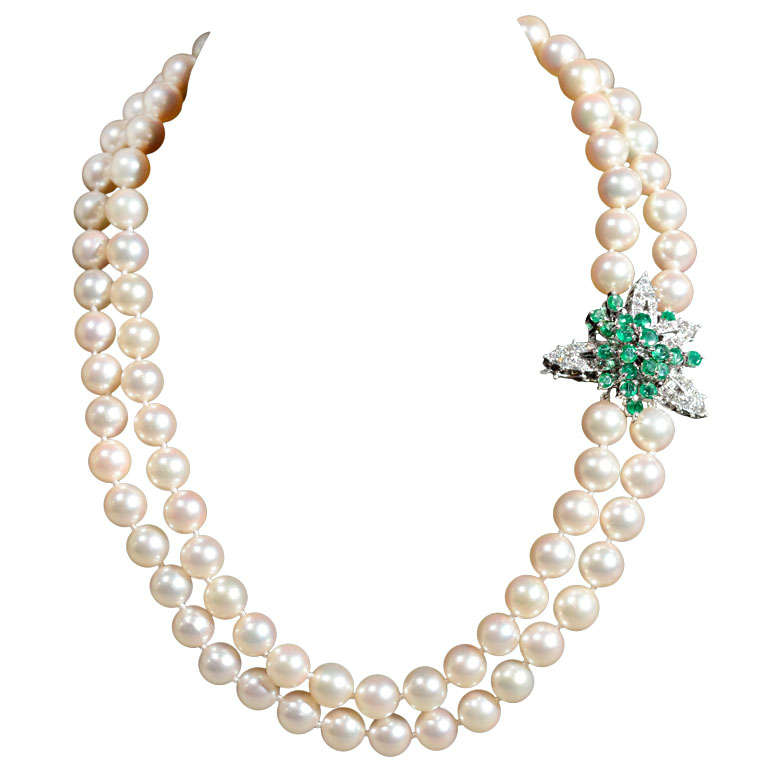 Double Pearl Strand Emerald Diamond Gold Clasp at 1stDibs