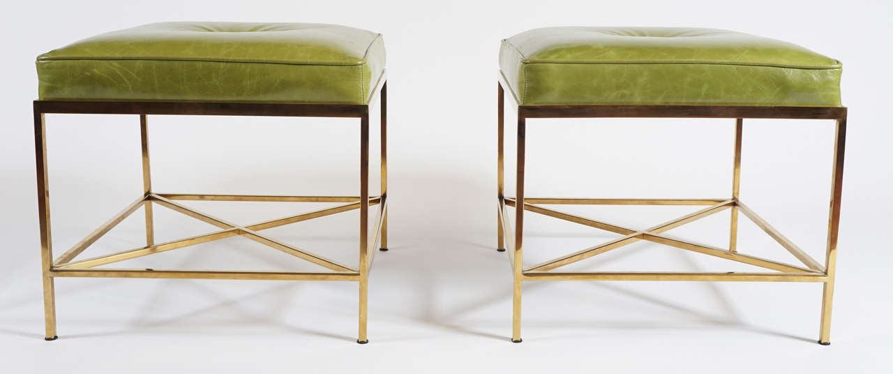 Vintage Brass Paul McCobb Style Leather Upholstered Stools In Excellent Condition In Kinderhook, NY