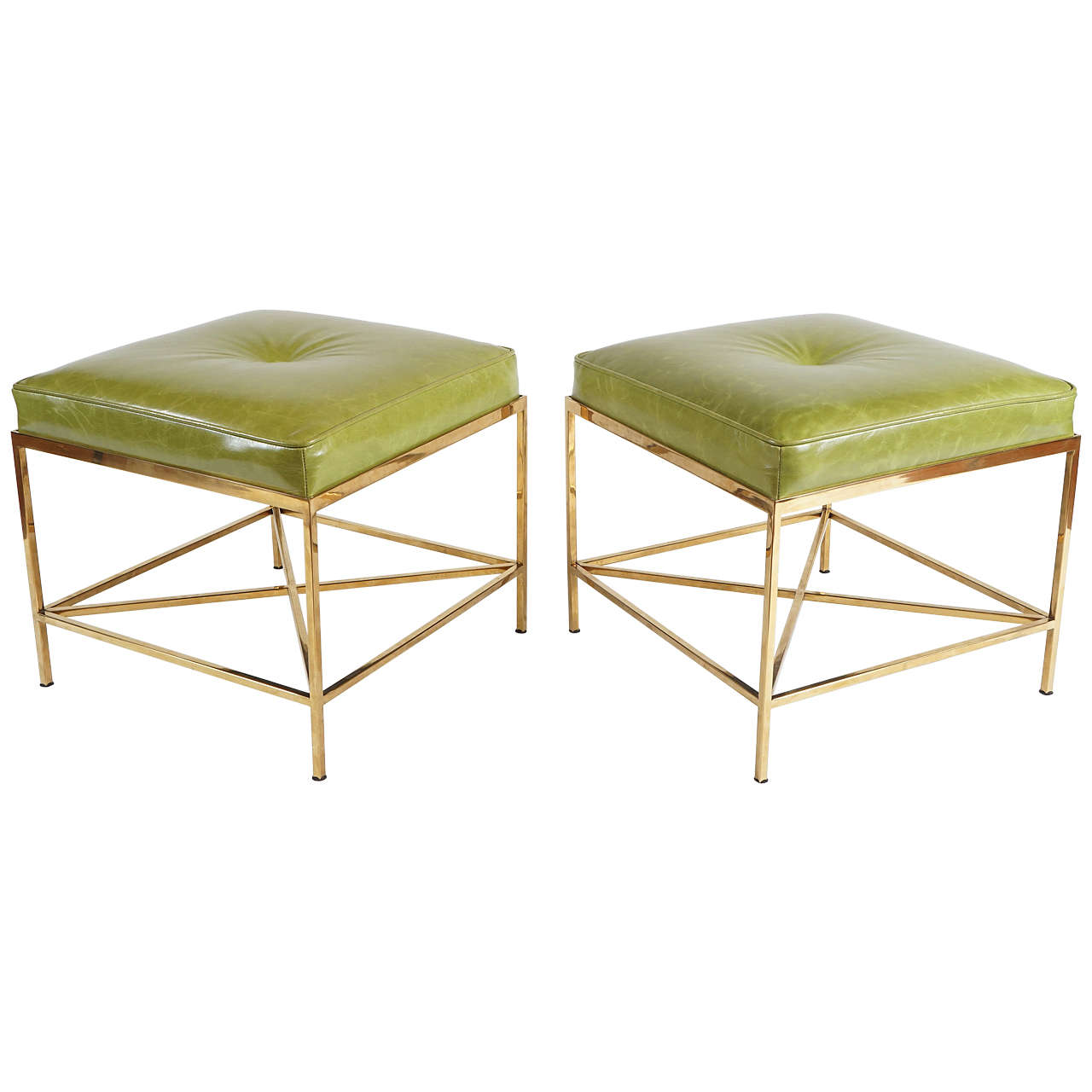 Vintage Brass Paul McCobb Style Leather Upholstered Stools