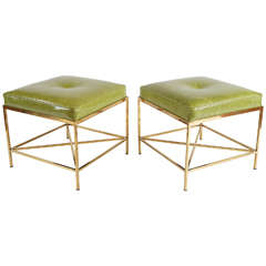 Vintage Brass Paul McCobb Style Leather Upholstered Stools