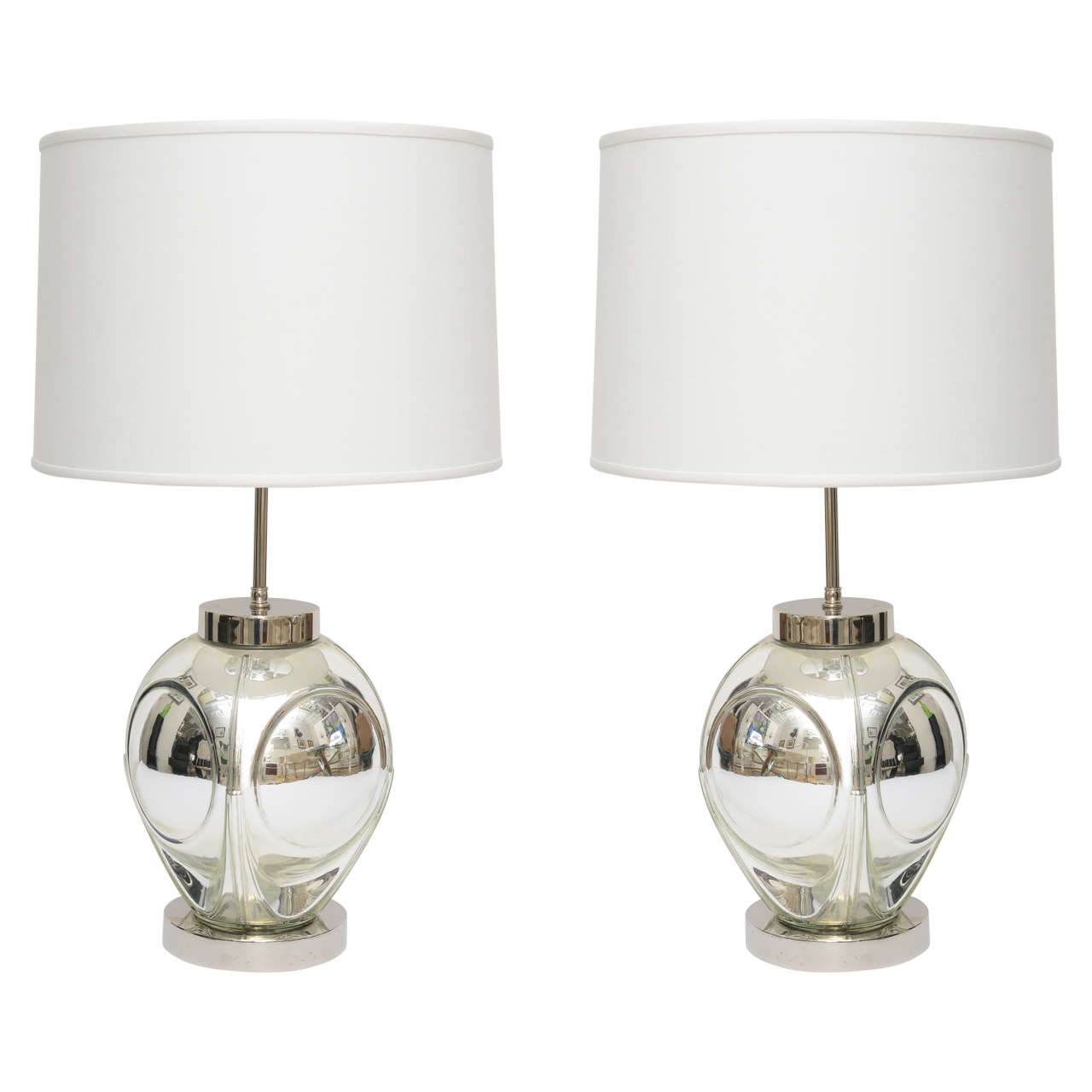 Pair of  Mid-Century Modern, Polished Chrome and Mercury Glass Table Lamps
