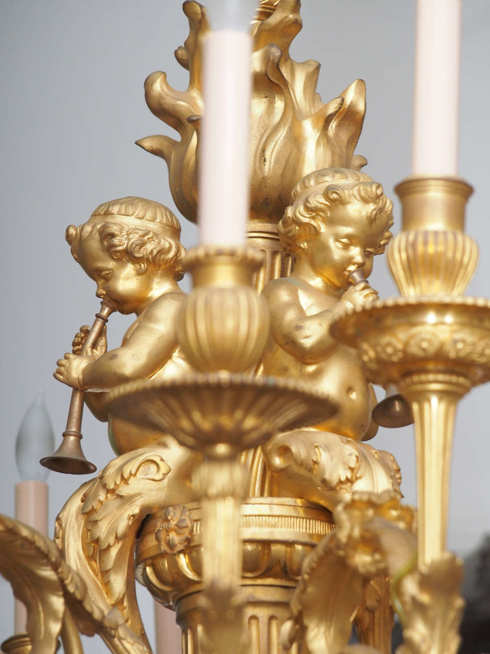 French Large Bronze Chandelier with Cherub Decoration