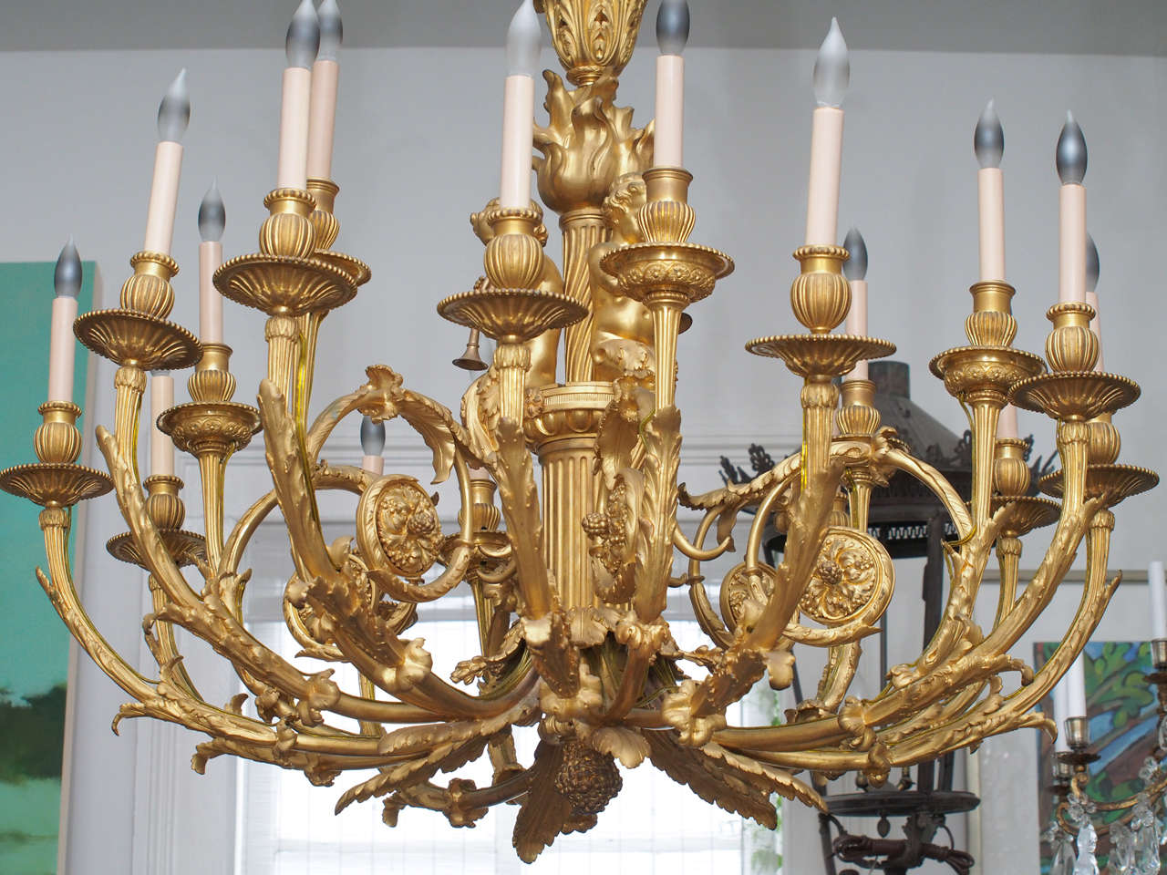 Large Bronze Chandelier with Cherub Decoration In Good Condition In New Orleans, LA