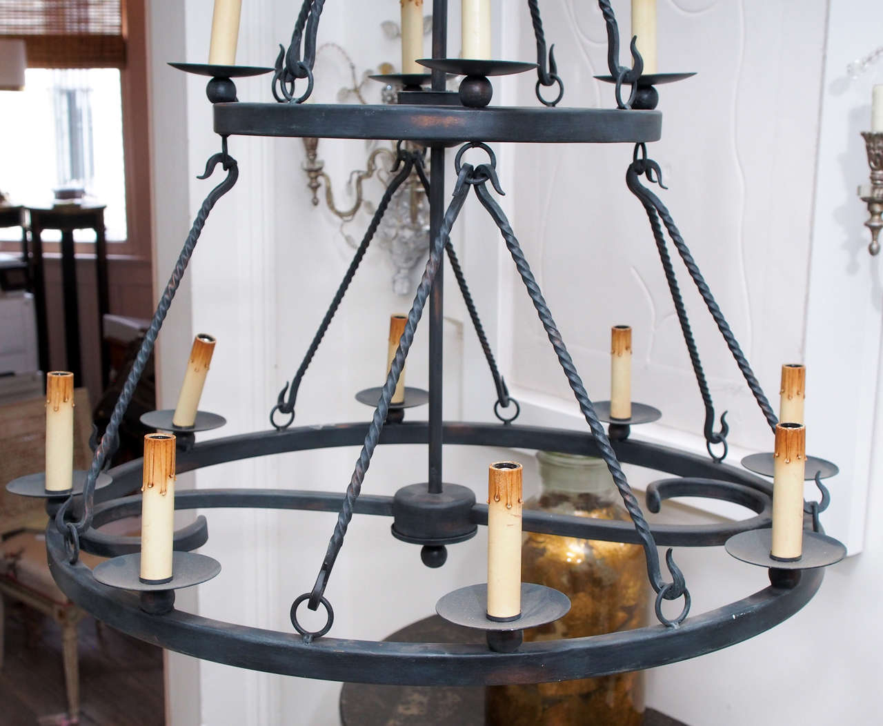 English Pair of Black Wrought Iron Chandeliers