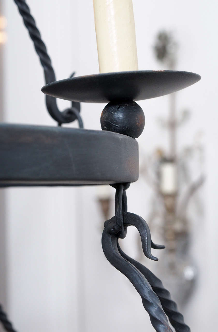 Forged Pair of Black Wrought Iron Chandeliers