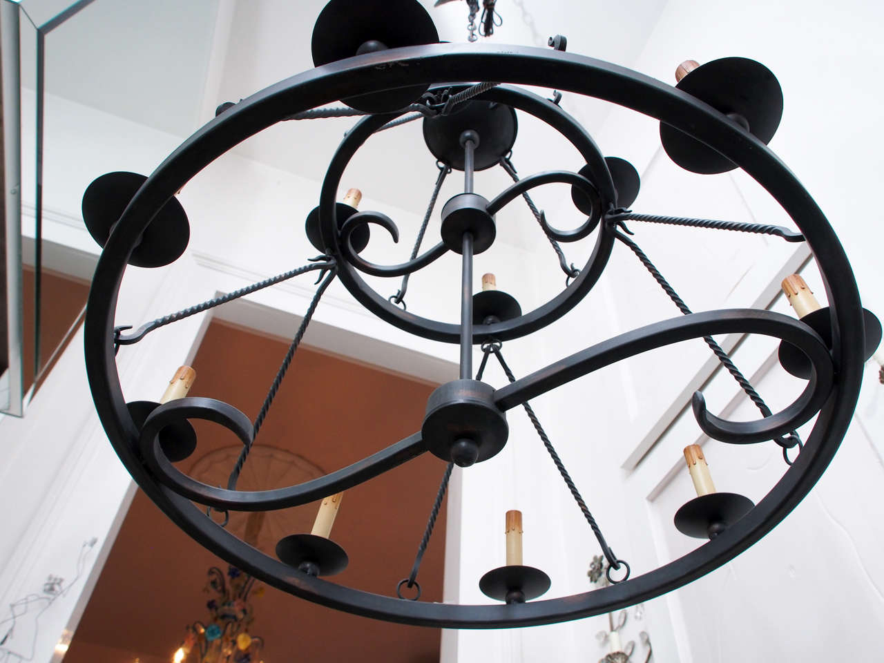 Contemporary Pair of Black Wrought Iron Chandeliers