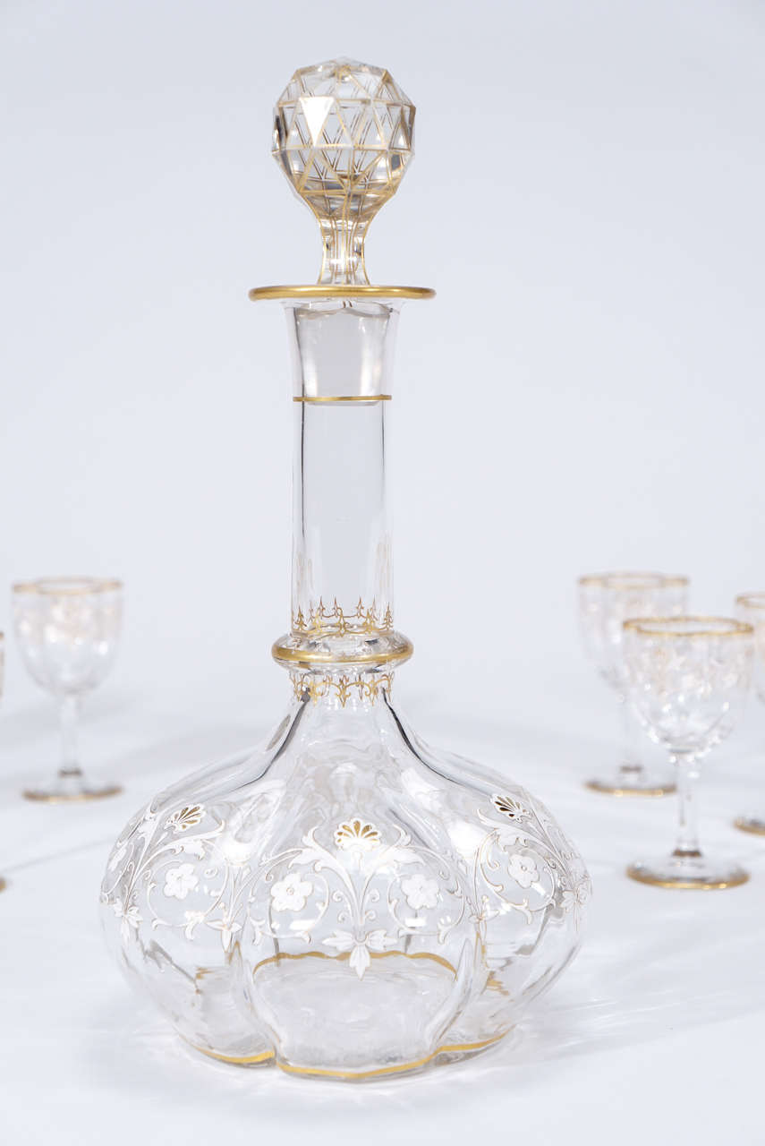 Glass 19th Century Moser Quatrefoil Decanter with 12 Dessert Wine Goblets
