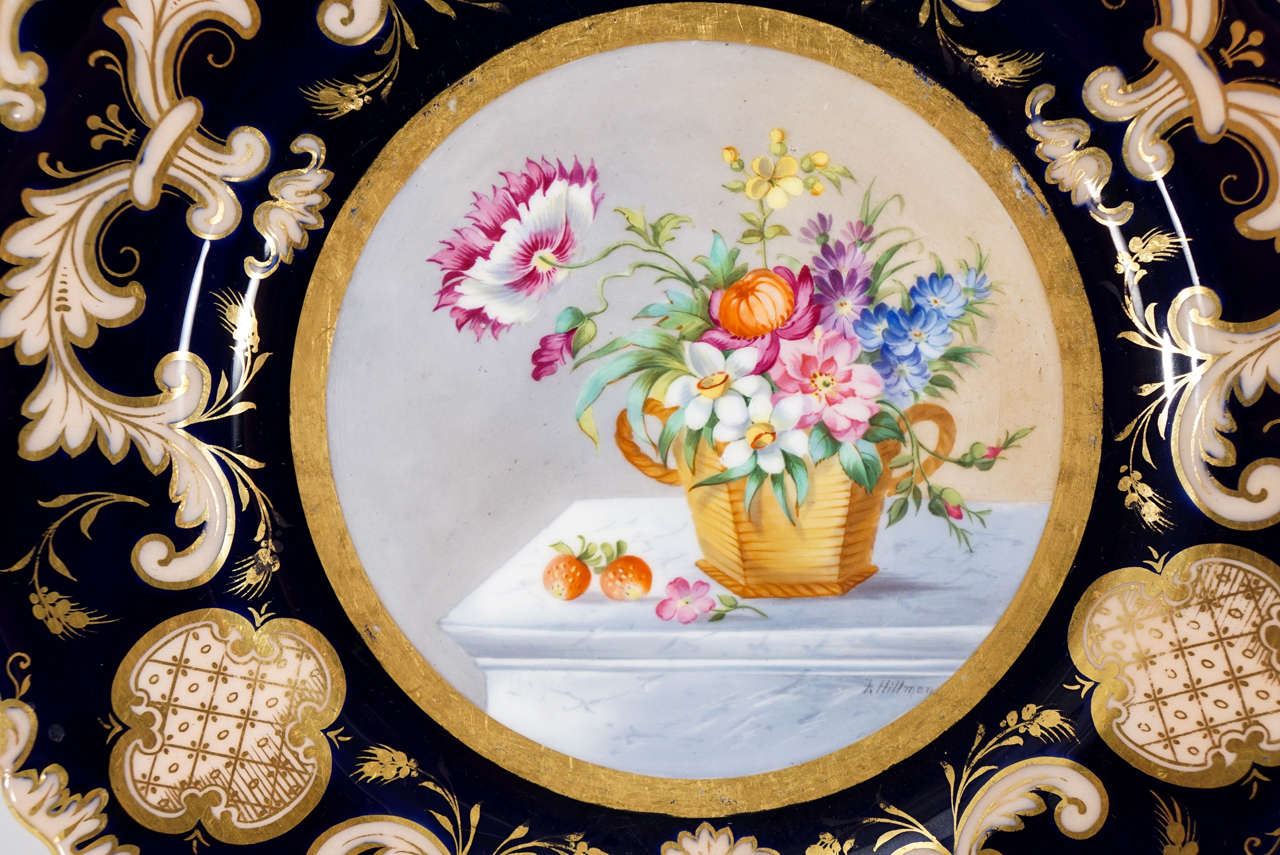 12er-Set handbemalte Cauldon-Dessertteller „Blumenarrangement“, kobaltblau (Ästhetizismus) im Angebot