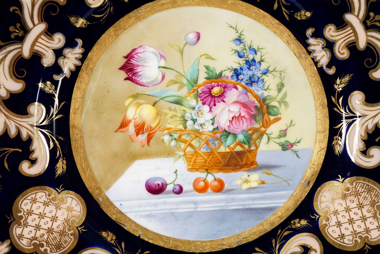 12er-Set handbemalte Cauldon-Dessertteller „Blumenarrangement“, kobaltblau (Britisch) im Angebot