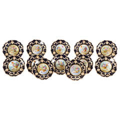 Set of 12 Cauldon Hand-Painted "Flower Arrangement" Dessert Plates, Cobalt Blue