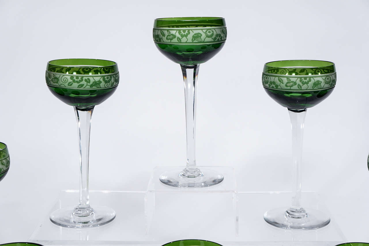 Twelve Art Deco Green French Crystal Hock Wine Goblets with Cameo Cut Decoration In Excellent Condition In Great Barrington, MA