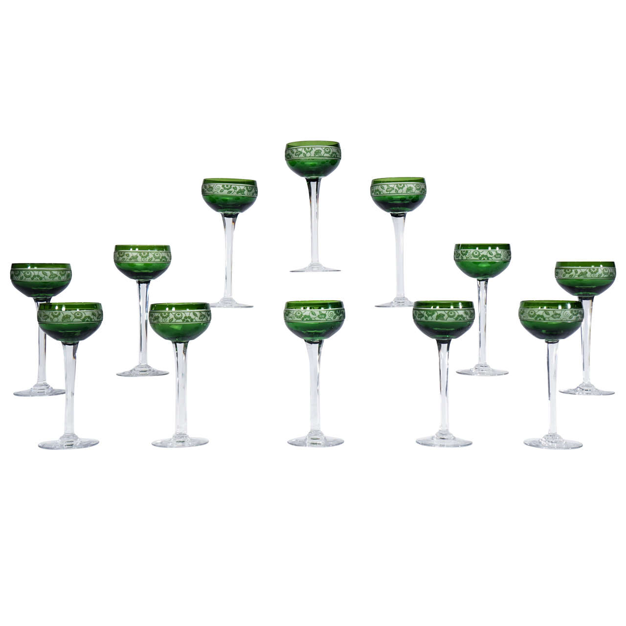 Twelve Art Deco Green French Crystal Hock Wine Goblets with Cameo Cut Decoration