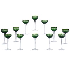 Twelve Art Deco Green French Crystal Hock Wine Goblets with Cameo Cut Decoration