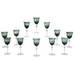 12 Signed Webb, England Forest Green Overlay Cut to Clear Wine Goblets