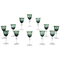 12 Signed Webb, England Forest Green Overlay Cut to Clear Wine Goblets