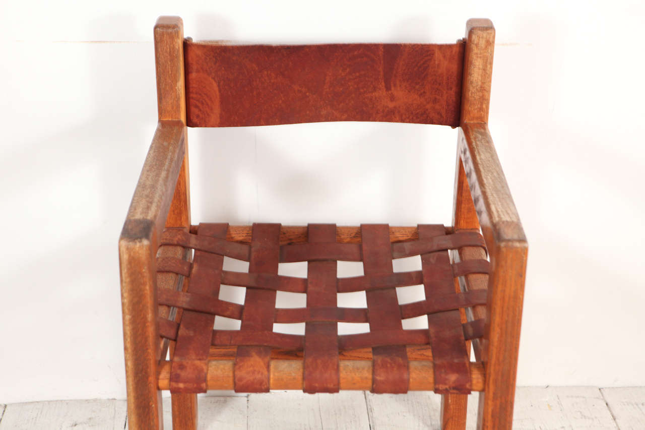 Rustic Set of Six Wood and Woven Saddle Leather Dining Chairs