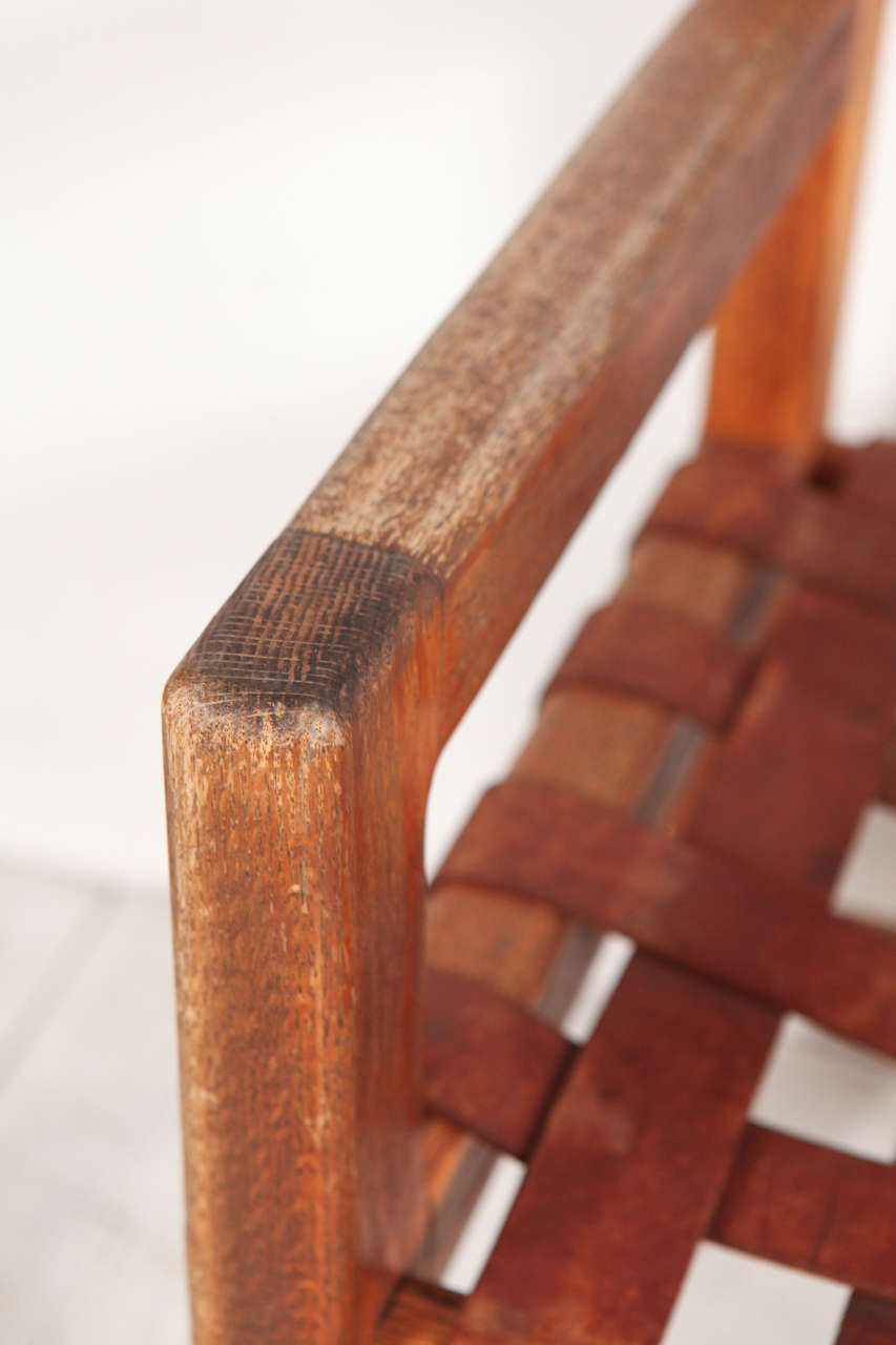 American Set of Six Wood and Woven Saddle Leather Dining Chairs