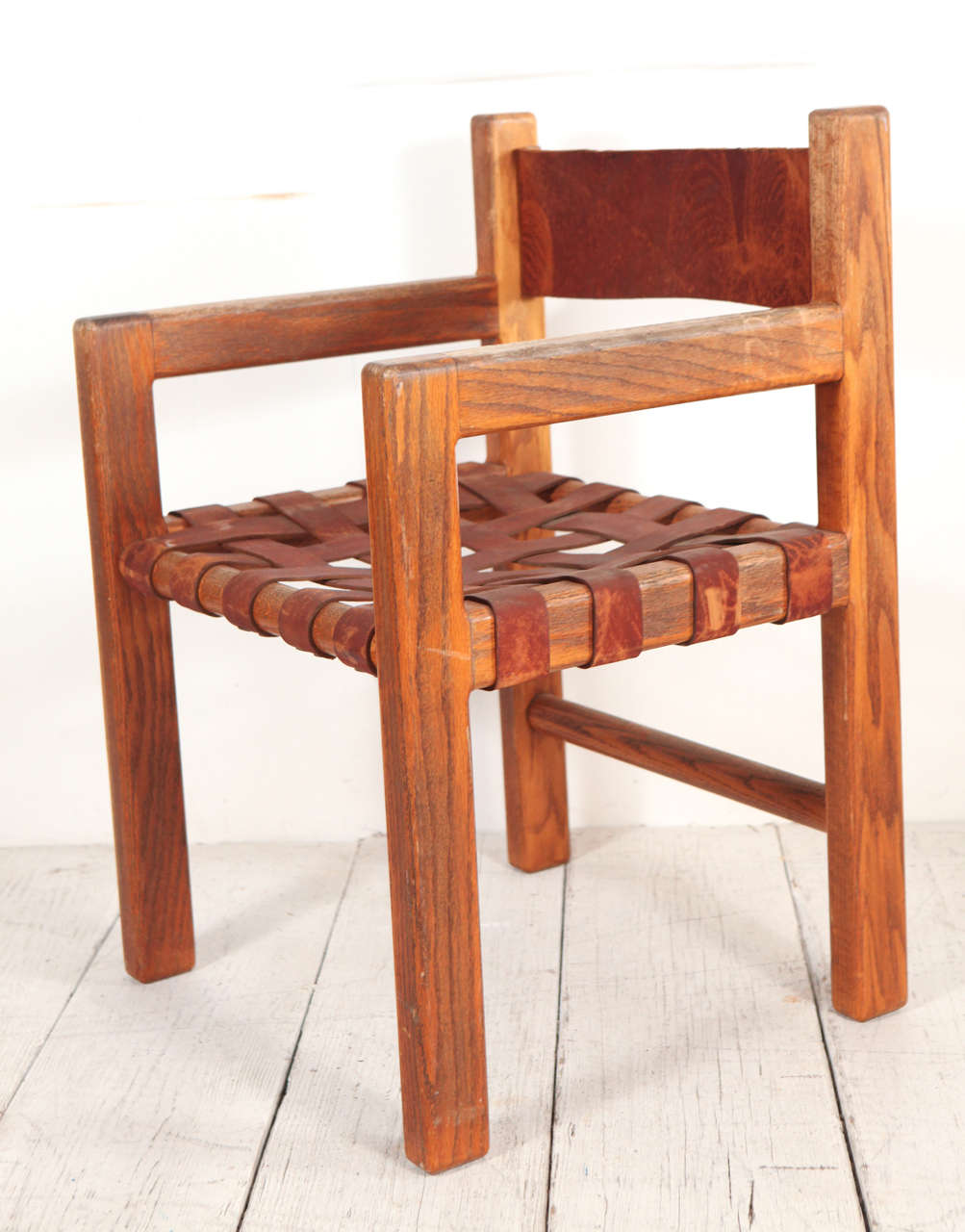 Set of Six Wood and Woven Saddle Leather Dining Chairs In Good Condition In Los Angeles, CA