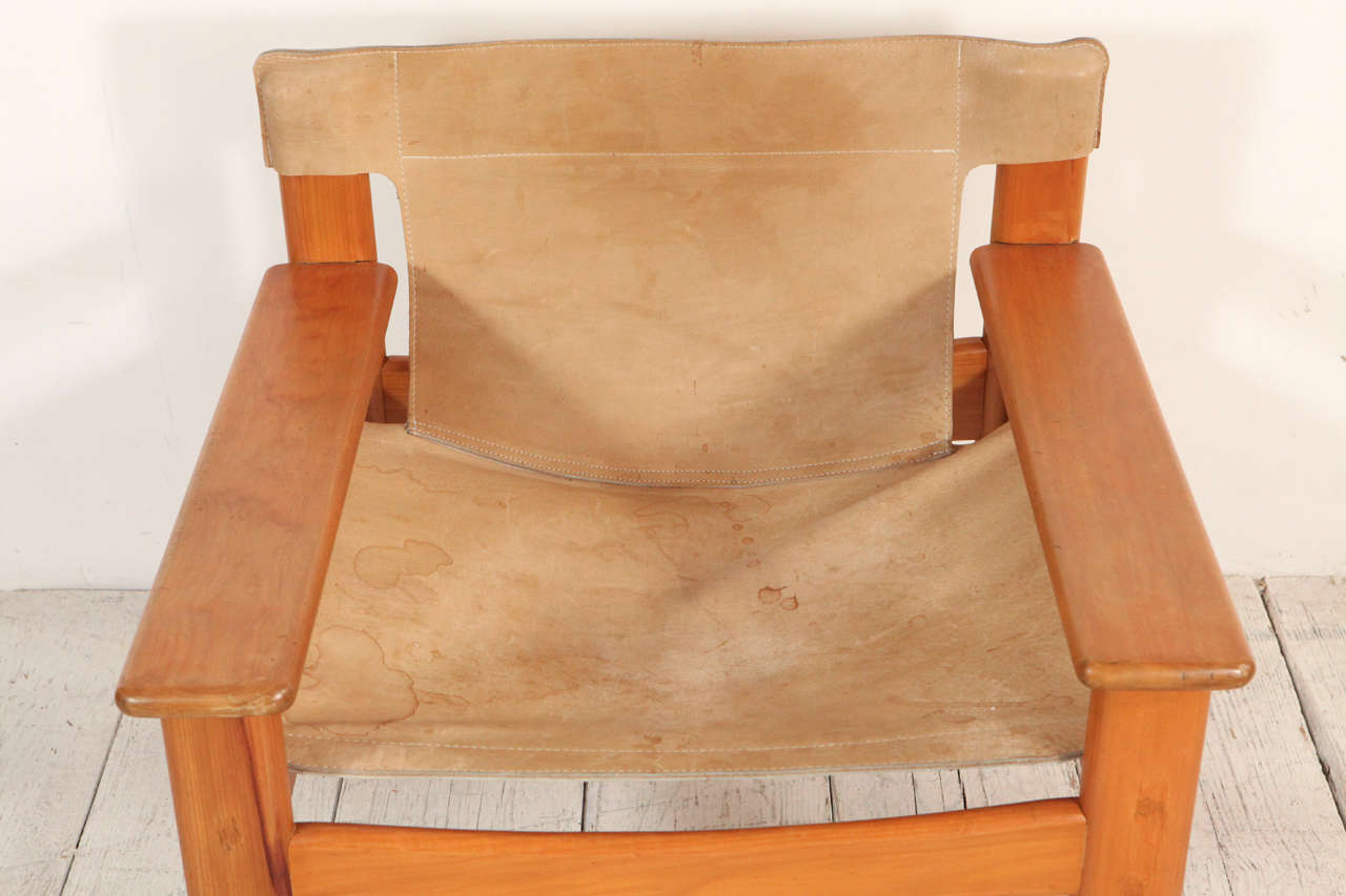 Scandinavian Modern Leather and Wood Spanish Style Chairs, Cream Leather