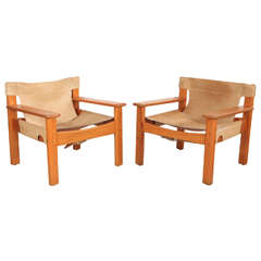 Leather and Wood Spanish Style Chairs, Cream Leather