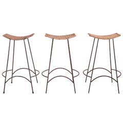 Wicker and Iron Bar Stools in the Style of Arthur Umanoff