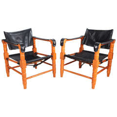 Pair of Safari Style Black Leather and Spindle Wood Framed Chairs