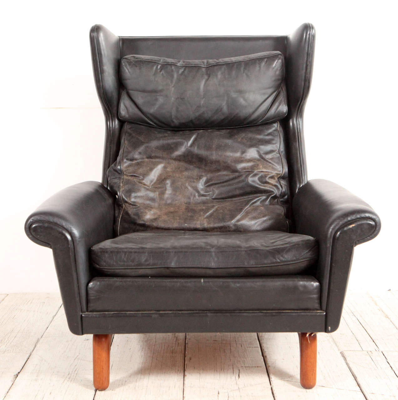 Mid-Century Black Leather Wingback Lounge Chair