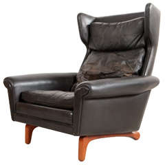 Mid-Century Black Leather Wingback Lounge Chair