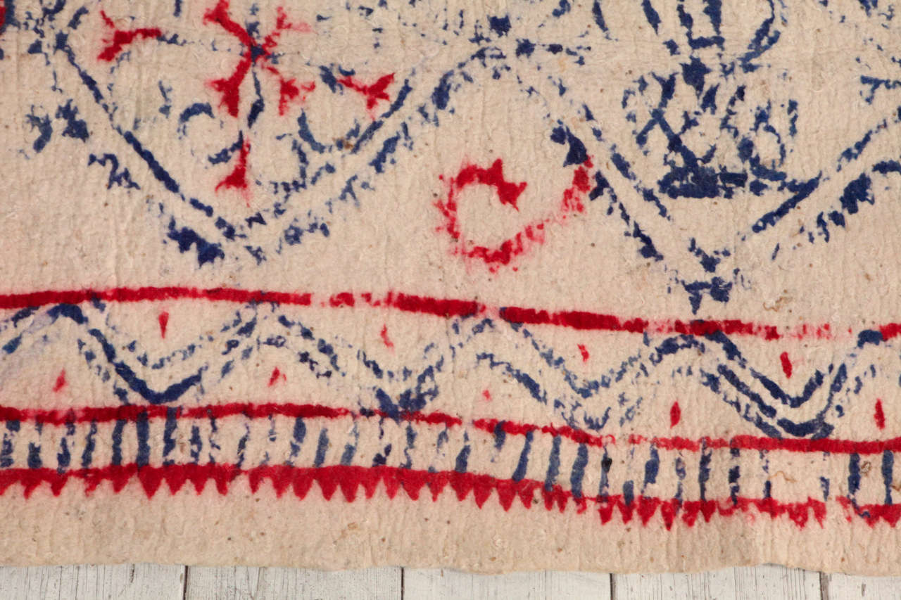 20th Century French Felt Cream Colored Rug with Hand Painted Red, Blue, and Pink Pattern