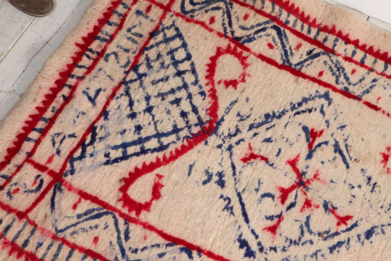 French Felt Cream Colored Rug with Hand Painted Red, Blue, and Pink Pattern 1
