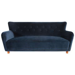 Italian Modernist Blue Velvet Curved Back Tufted Sofa