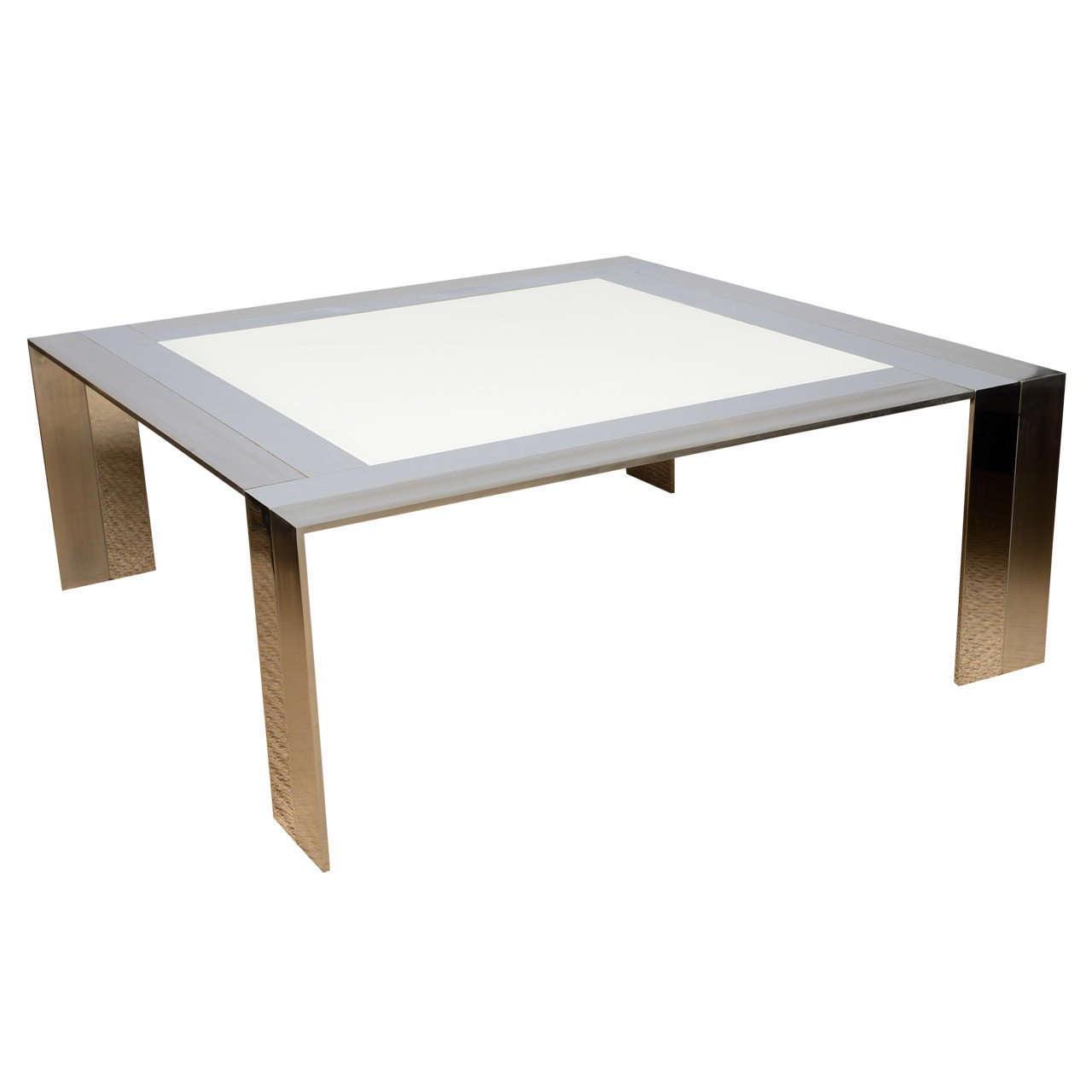 Italian Vintage Stainless Steel and White Glass Square Cocktail Table