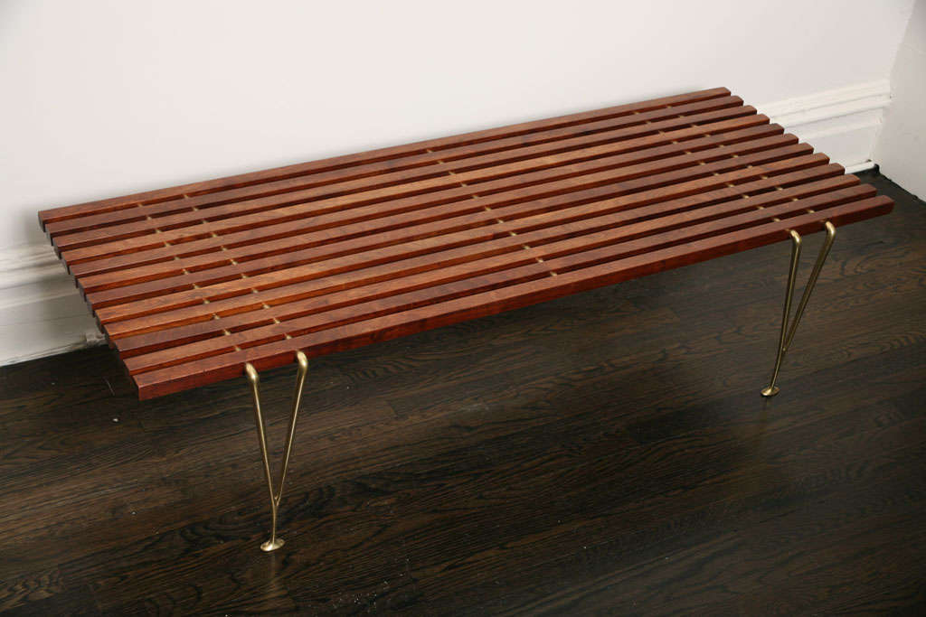 American 1950s Modernist Wood and Brass Low Table by Hugh Acton