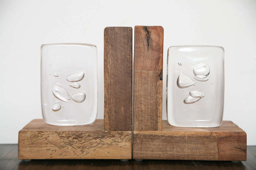 Pair of bookends with handblown glass slabs , reclaimed wood