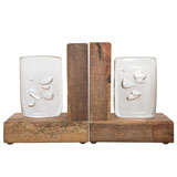 Pair of bookends with handblown glass slabs , reclaimed wood