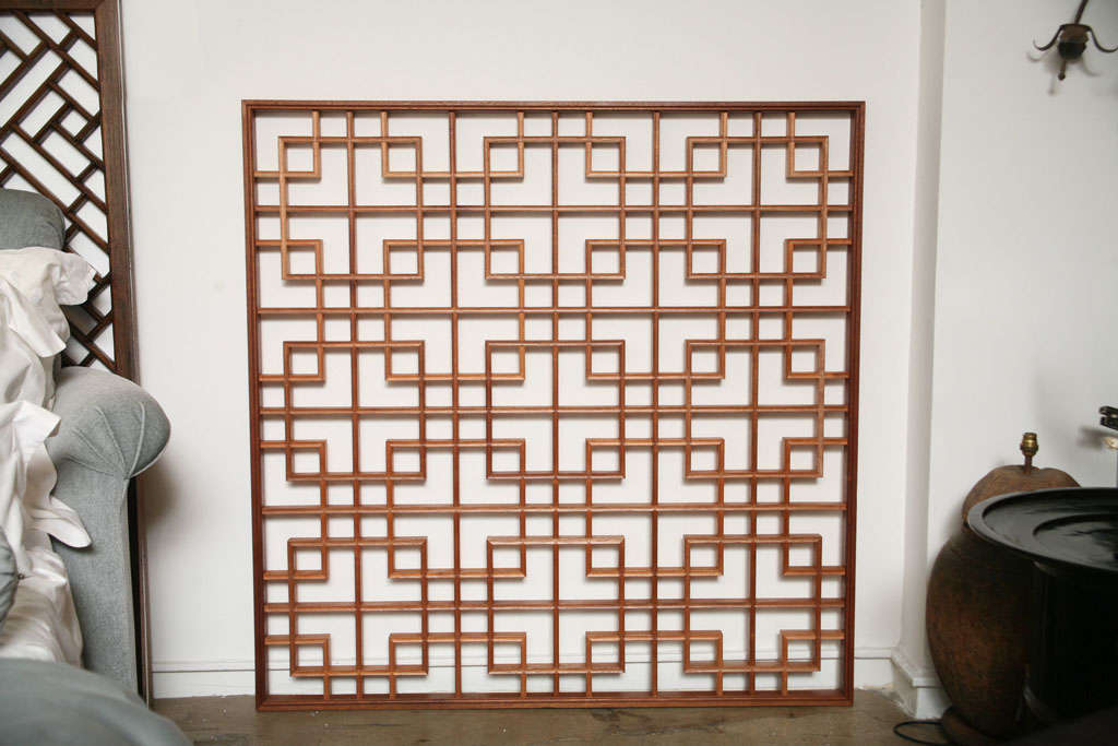A reproduction of a Classic Chinese lattice panel in mahogany. A beautiful wall decoration. Can be customized to size, wood type or finish. Can be mirrored.
