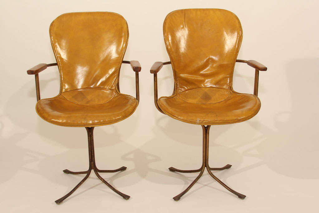 These prototype Ion chairs, designed by Gideon Kramer, were used in the Space Needle Restaurant during the 1962 Seattle Worlds Fair.They feature the original leather seat covers in a wonderful mustard color.