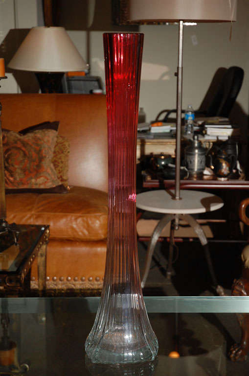 Very Large Edwardian Reeded "Rubina" Glass Vase - Color Graduates Down from a Very Deep Ruby color to Clear Glass at the Bottom